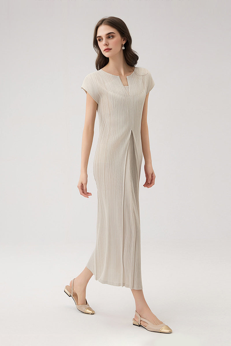 Designer Inspired Pleated Cap-Sleeve Midi Dress