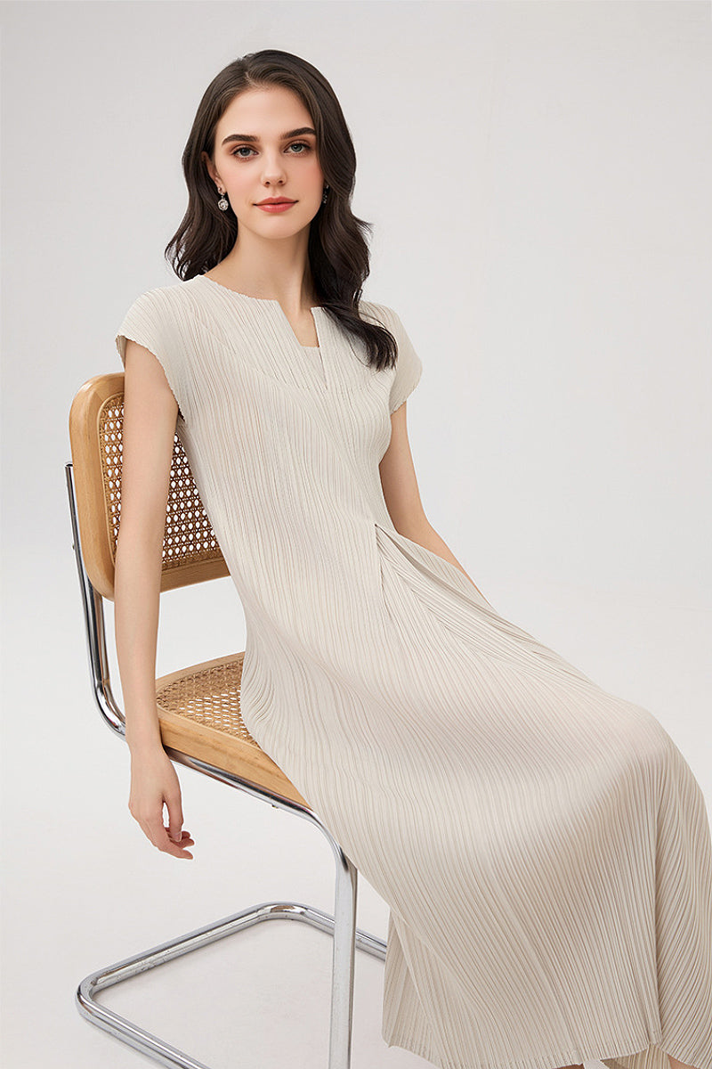 Designer Inspired Pleated Cap-Sleeve Midi Dress