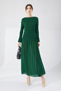 Designer Inspired Pleated Long Sleeve Smocked Maxi Dress in Emerald Green