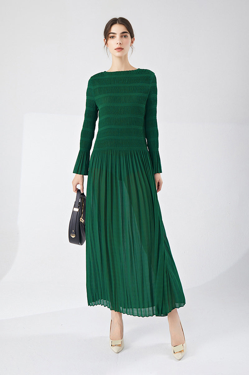 Designer Inspired Pleated Long Sleeve Smocked Maxi Dress in Emerald Green