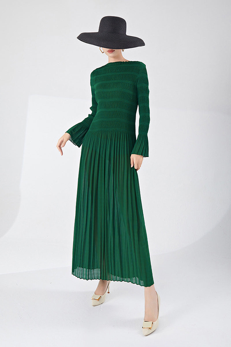 Designer Inspired Pleated Long Sleeve Smocked Maxi Dress in Emerald Green