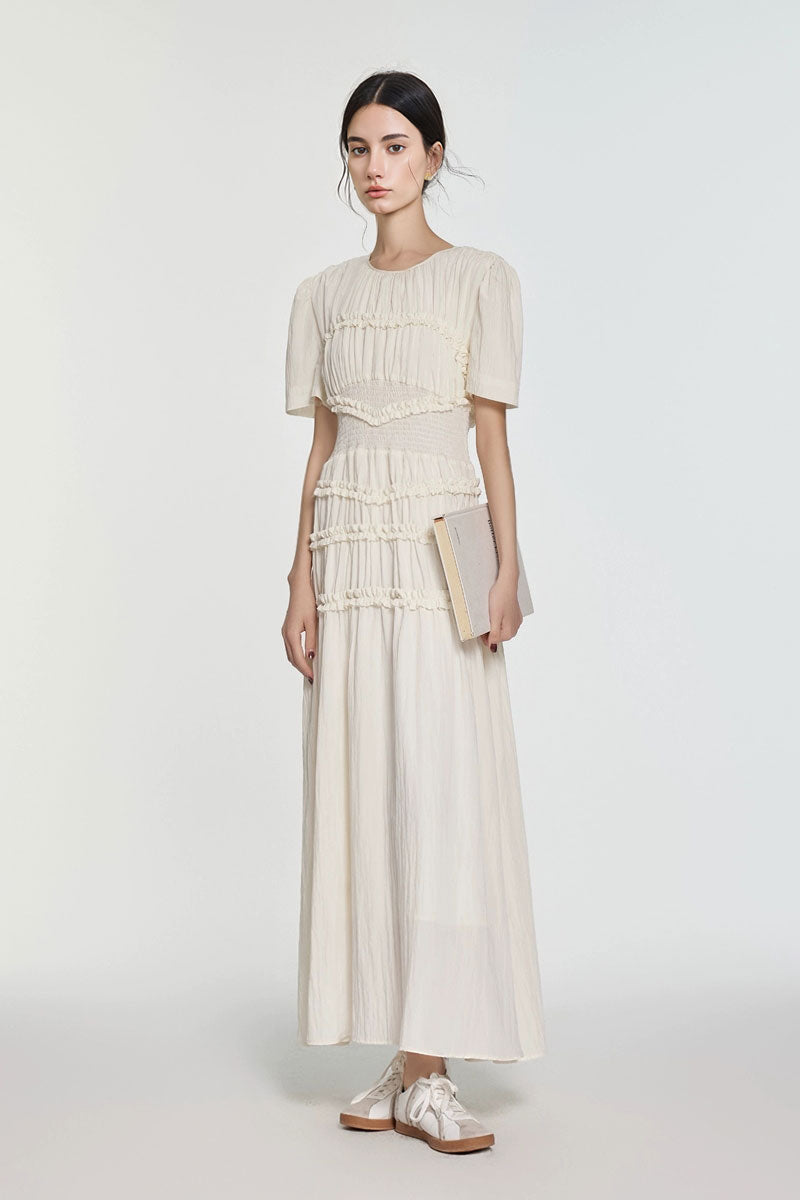 Fit & Flare Ruffled Puff-Sleeve Smocked-Waist Maxi Dress
