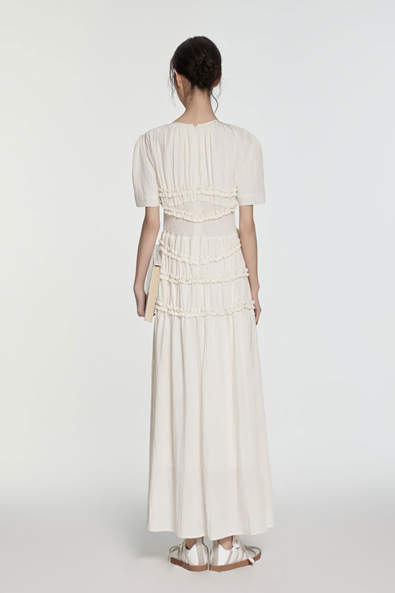 Fit & Flare Ruffled Puff-Sleeve Smocked-Waist Maxi Dress