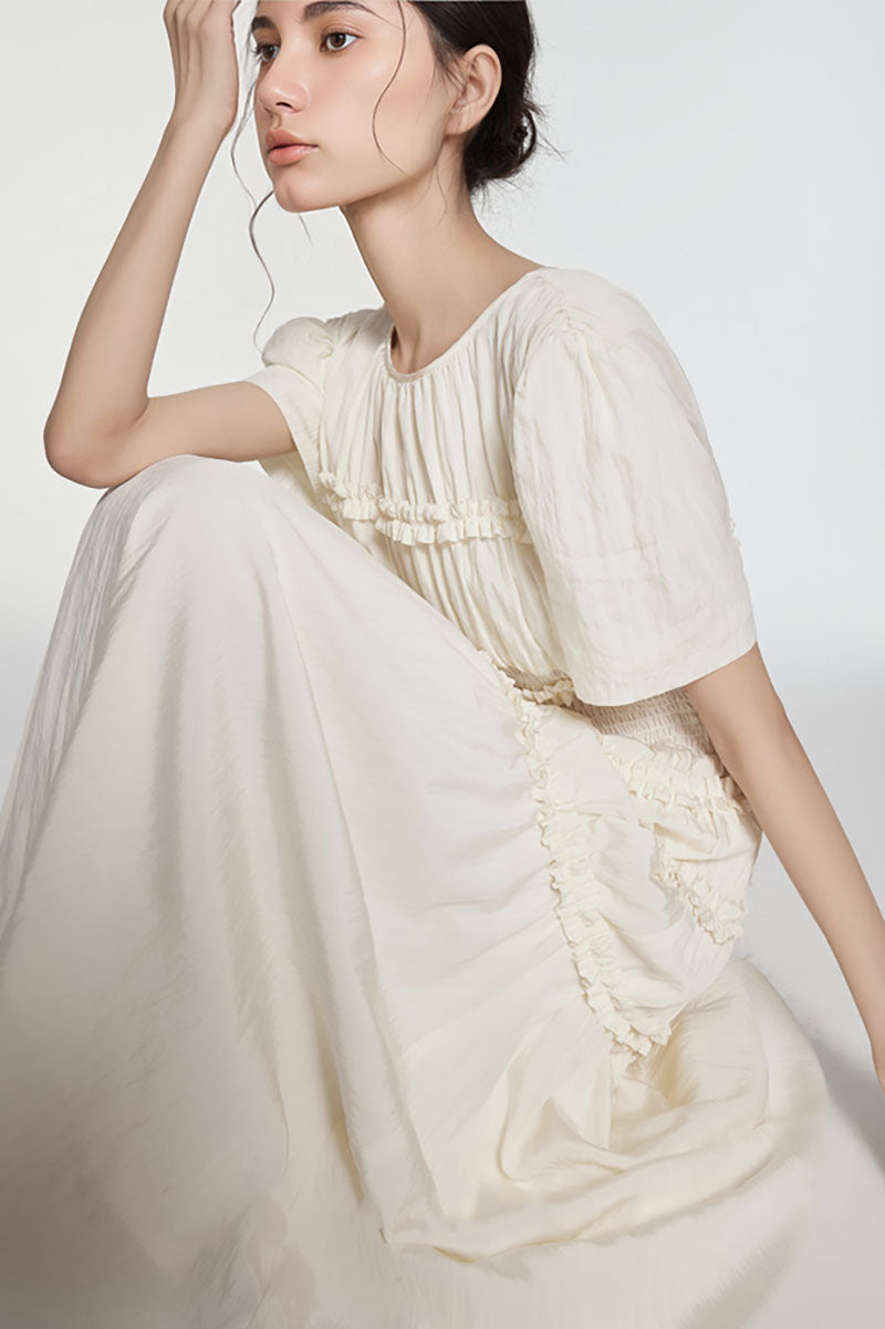Fit & Flare Ruffled Puff-Sleeve Smocked-Waist Maxi Dress