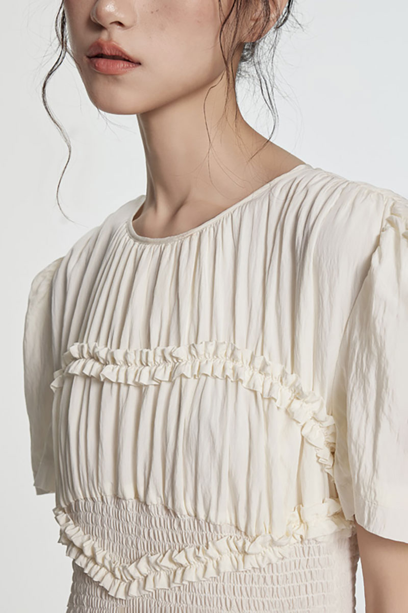 Fit & Flare Ruffled Puff-Sleeve Smocked-Waist Maxi Dress