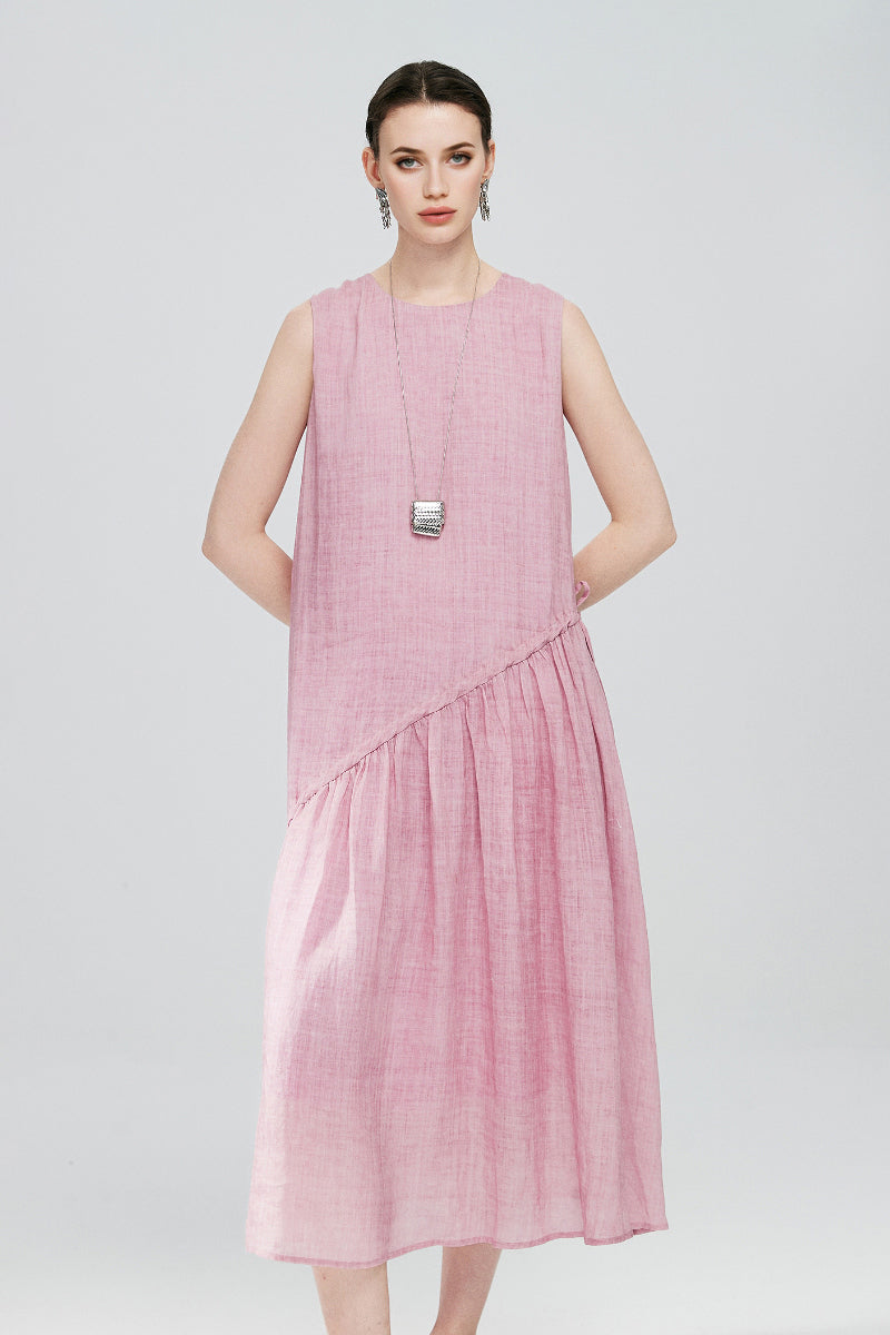 Pink Ramie-Tencel Tiered Swing Beach Tank Midi Dress