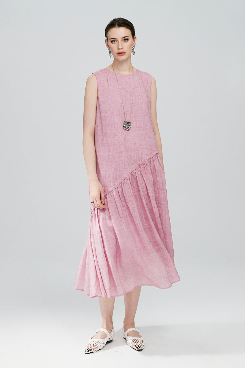 Pink Ramie-Tencel Tiered Swing Beach Tank Midi Dress