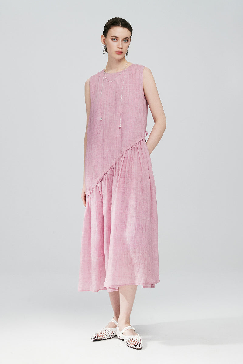 Pink Ramie-Tencel Tiered Swing Beach Tank Midi Dress