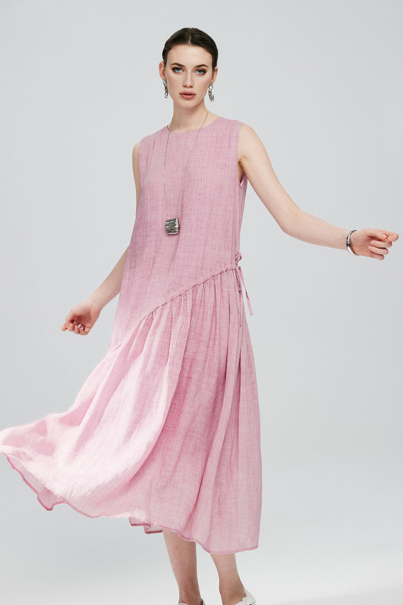 Pink Ramie-Tencel Tiered Swing Beach Tank Midi Dress