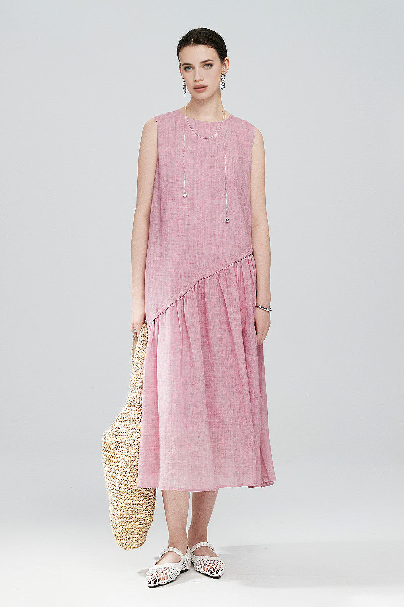 Pink Ramie-Tencel Tiered Swing Beach Tank Midi Dress