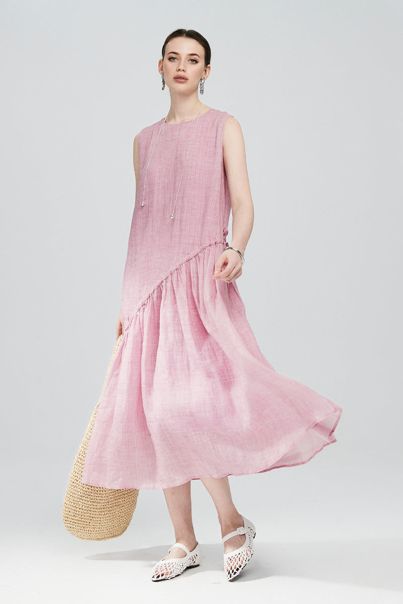 Pink Ramie-Tencel Tiered Swing Beach Tank Midi Dress