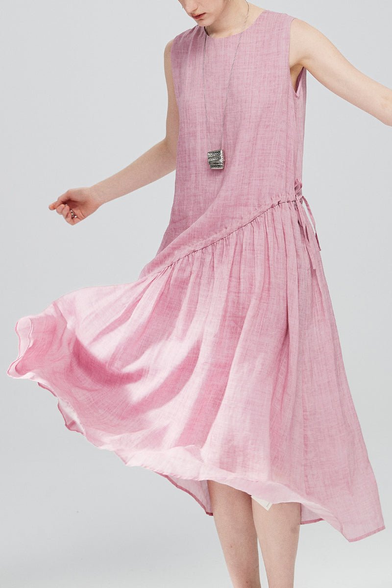 Pink Ramie-Tencel Tiered Swing Beach Tank Midi Dress