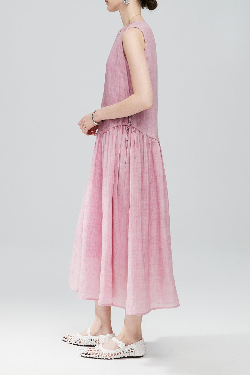Pink Ramie-Tencel Tiered Swing Beach Tank Midi Dress