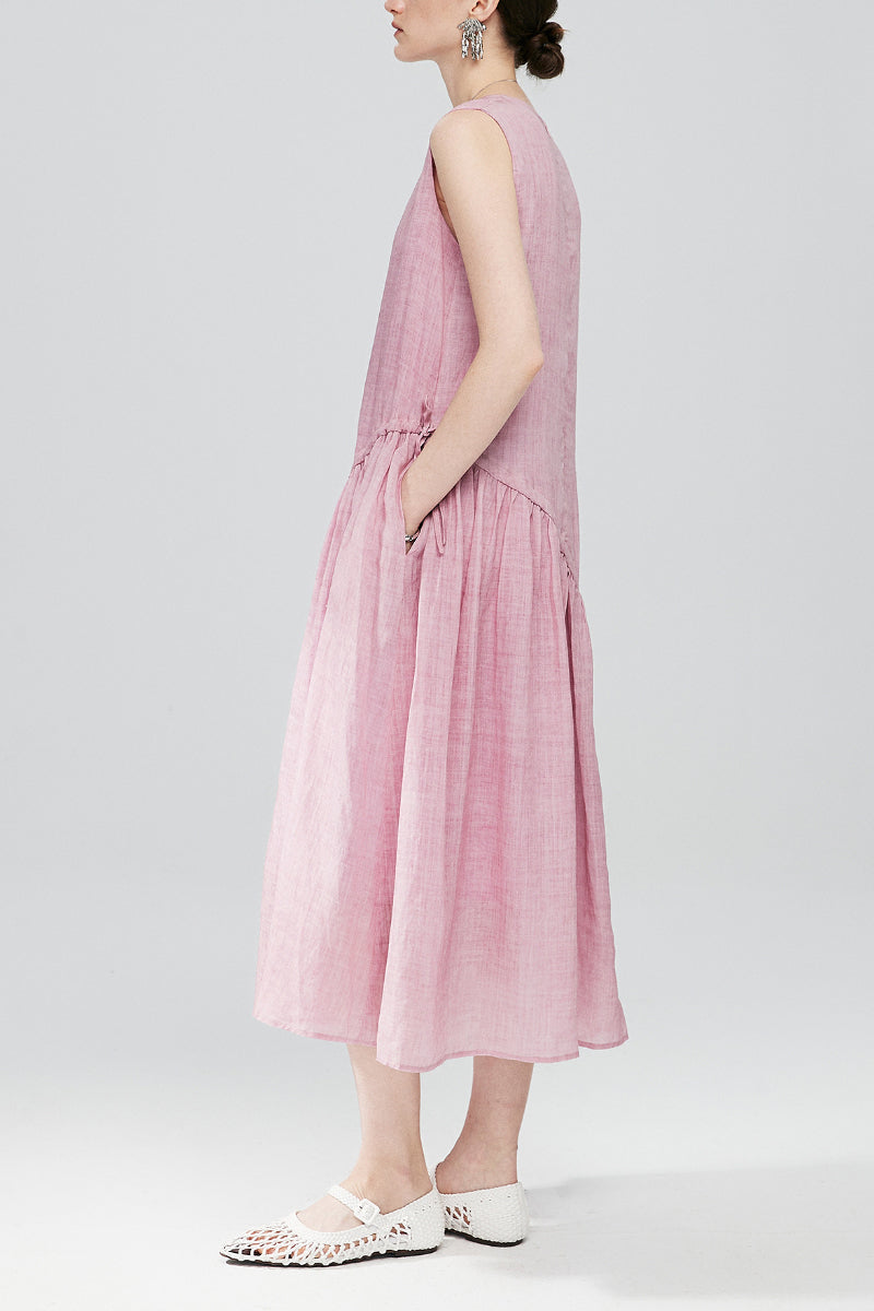 Pink Ramie-Tencel Tiered Swing Beach Tank Midi Dress