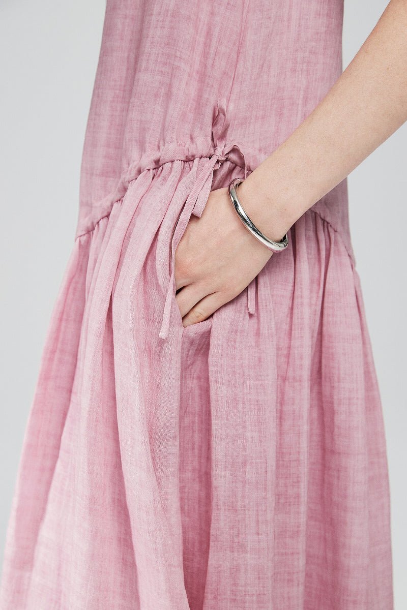 Pink Ramie-Tencel Tiered Swing Beach Tank Midi Dress