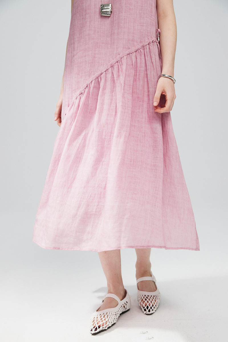 Pink Ramie-Tencel Tiered Swing Beach Tank Midi Dress