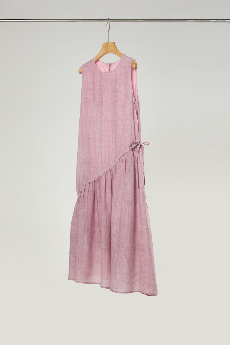 Pink Ramie-Tencel Tiered Swing Beach Tank Midi Dress