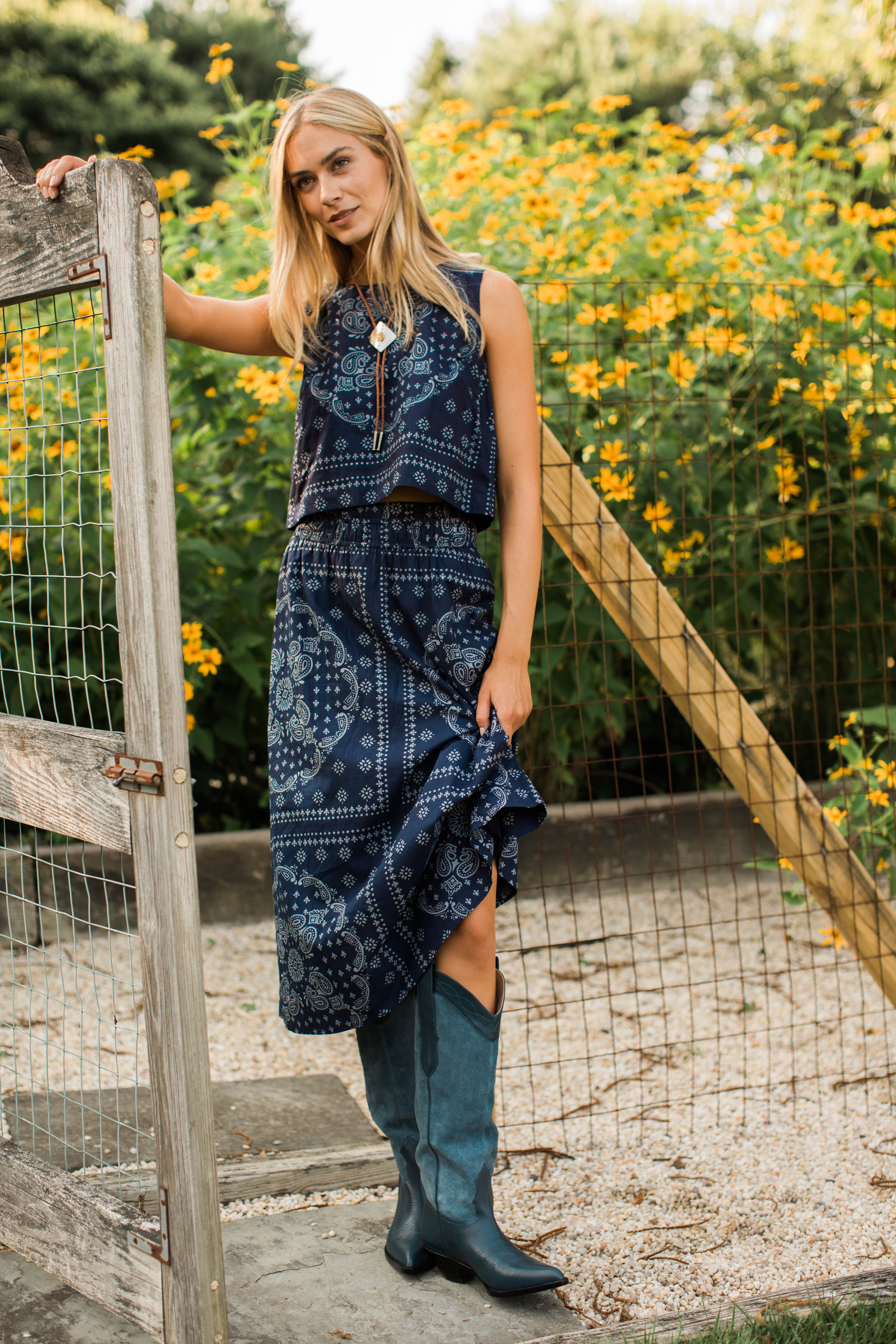 Lydia Cotton Midi Skirt - Navy Bandana