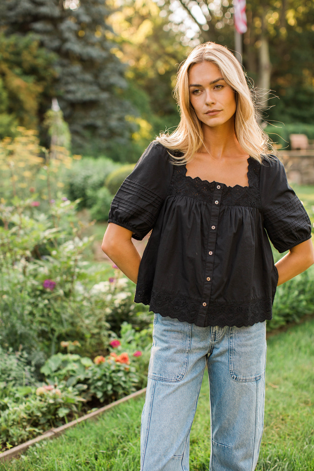 Liza Schiffli Eyelet Top - Black