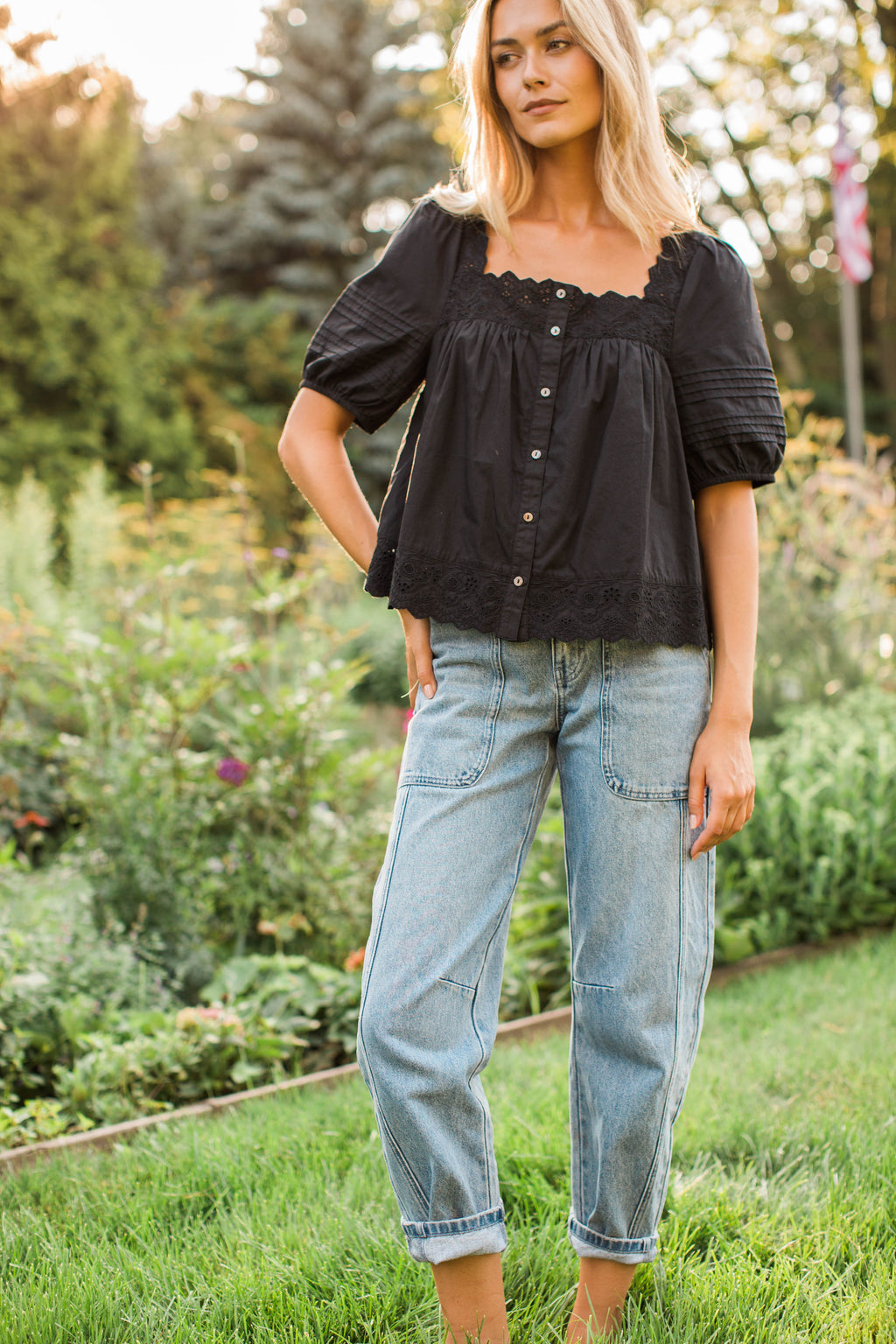 Liza Schiffli Eyelet Top - Black