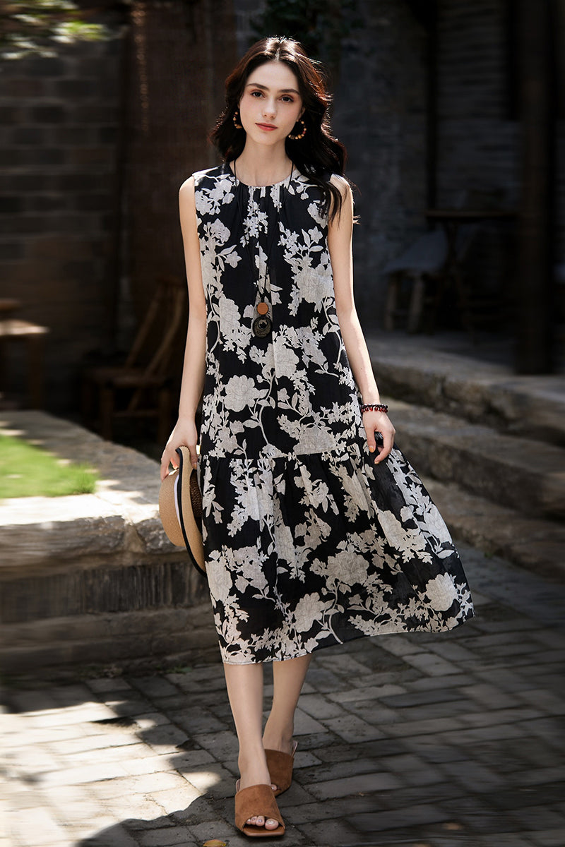 Ramie Floral Tiered Sleeveless Trapeze Midi Dress