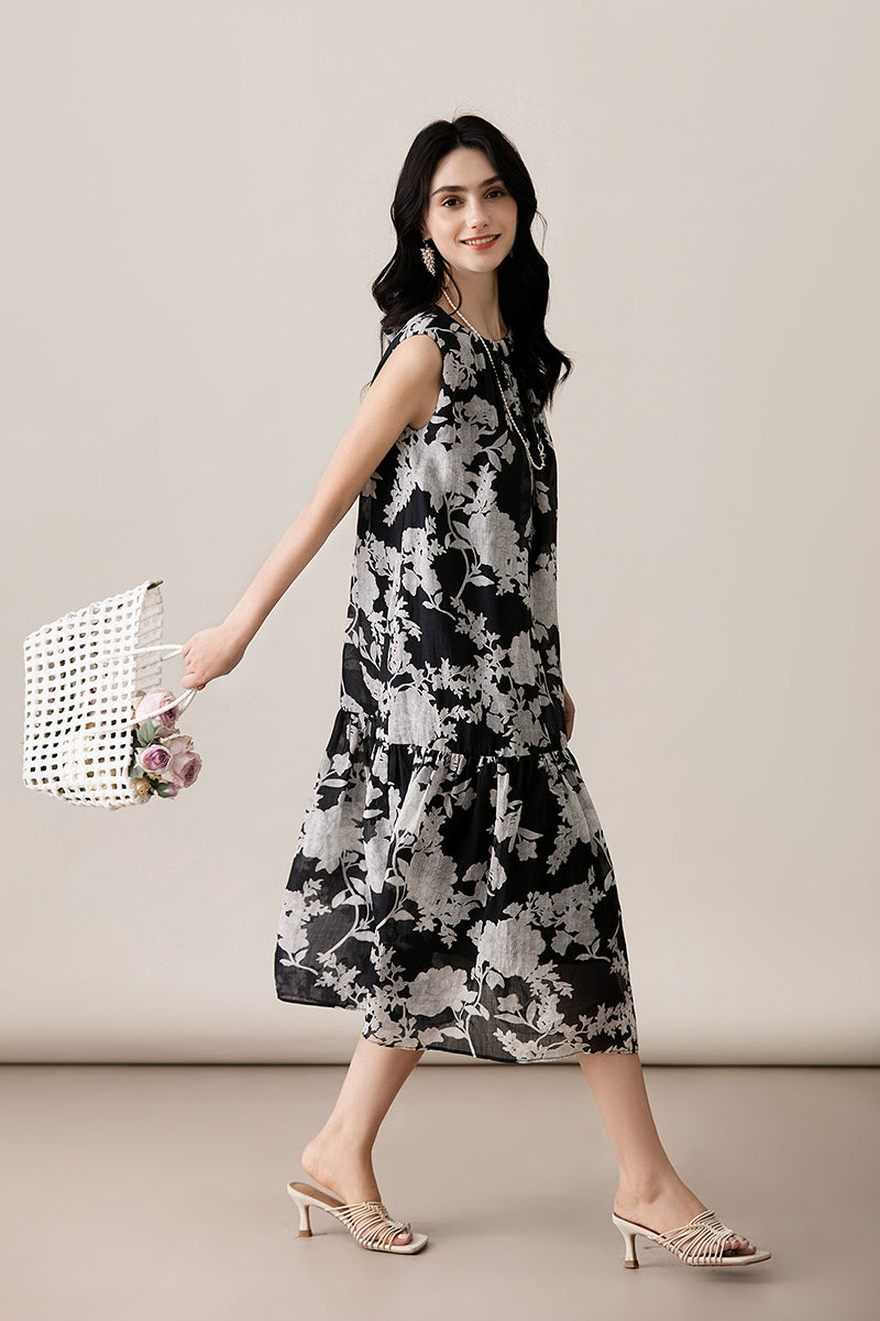 Ramie Floral Tiered Sleeveless Trapeze Midi Dress