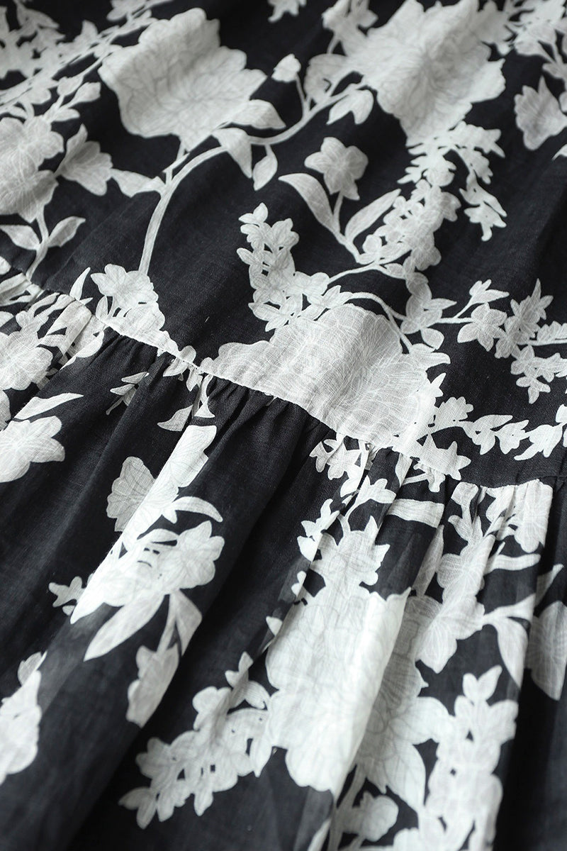 Ramie Floral Tiered Sleeveless Trapeze Midi Dress