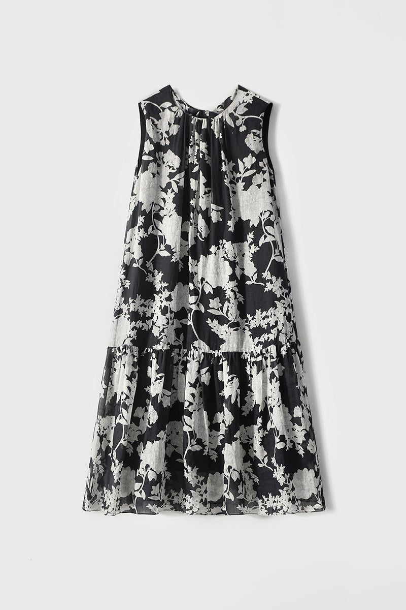 Ramie Floral Tiered Sleeveless Trapeze Midi Dress