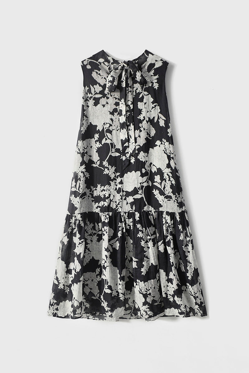 Ramie Floral Tiered Sleeveless Trapeze Midi Dress