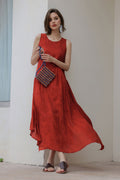 Red Asymmetrical Tiered Sleeveless Maxi Dress with Floral Print