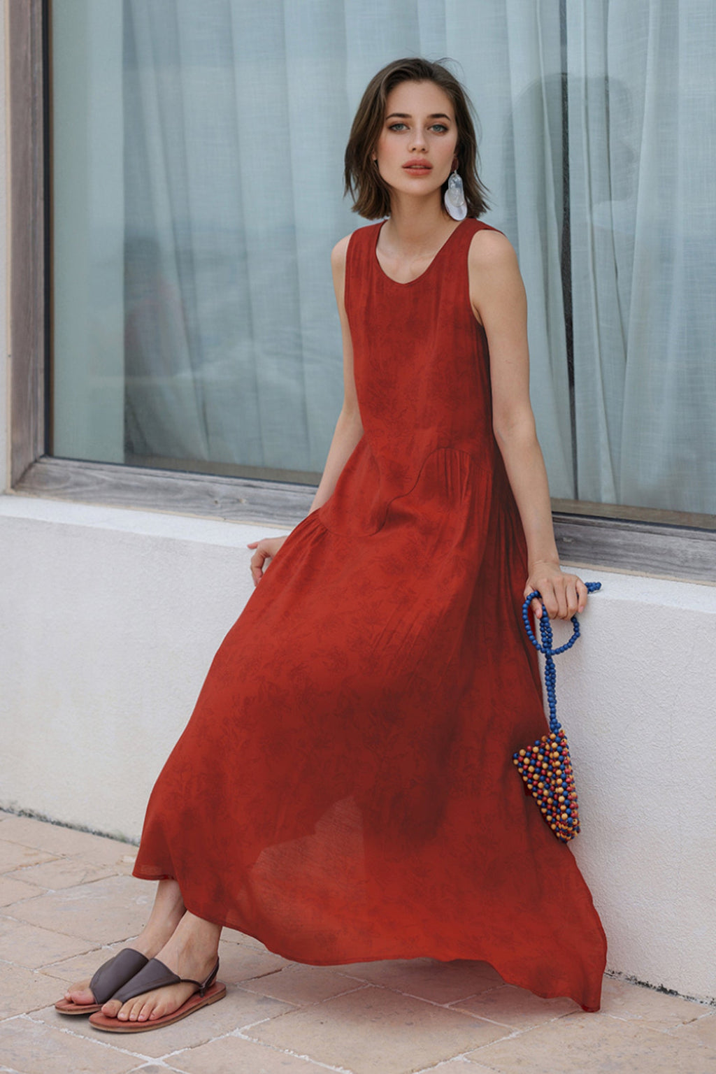 Red Asymmetrical Tiered Sleeveless Maxi Dress with Floral Print
