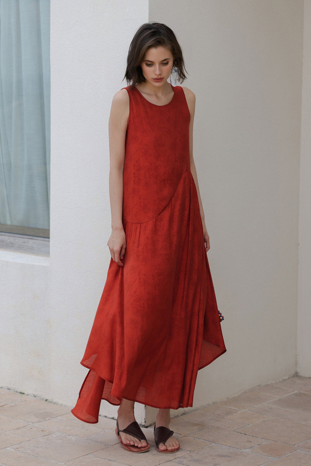 Red Asymmetrical Tiered Sleeveless Maxi Dress with Floral Print