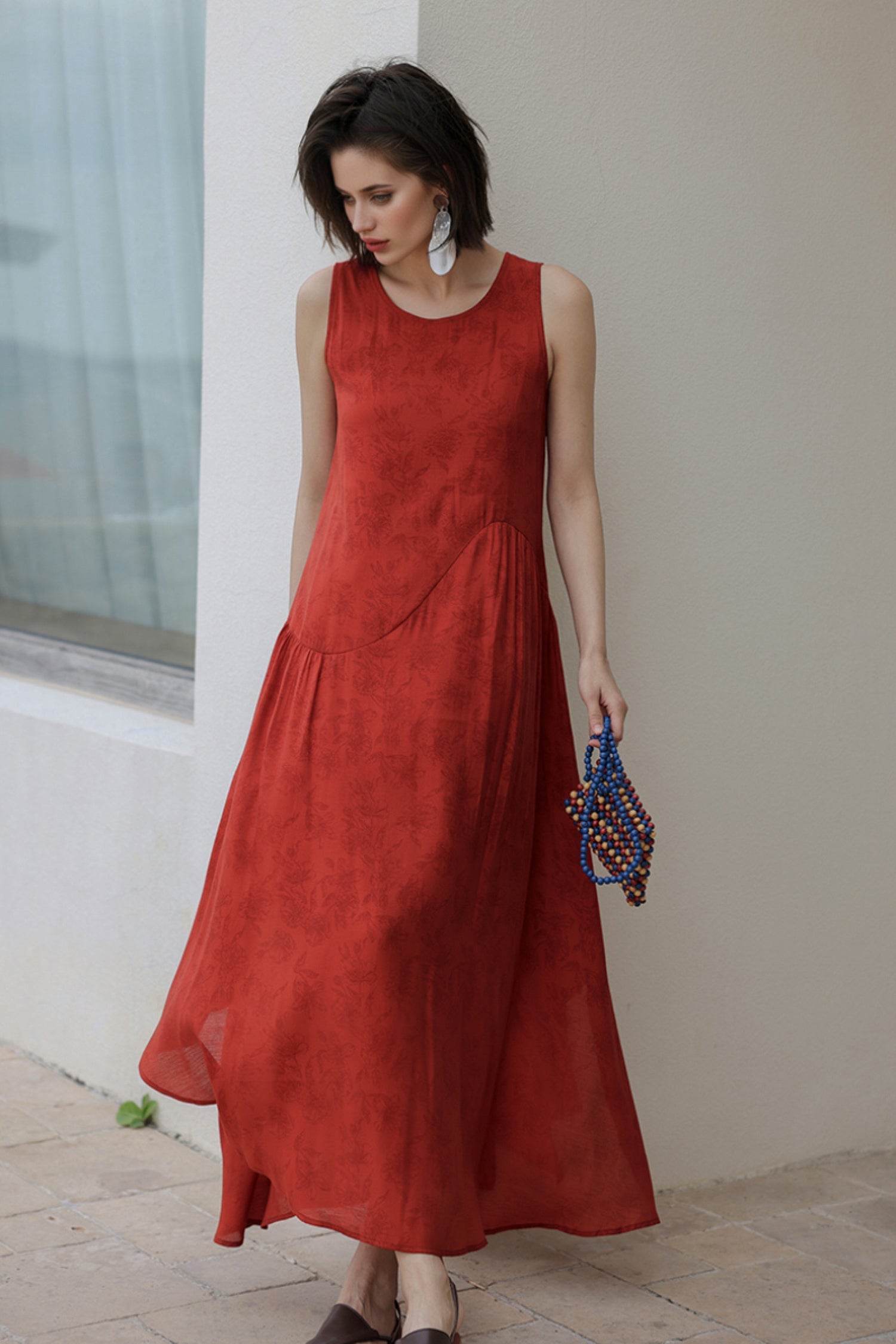 Red Asymmetrical Tiered Sleeveless Maxi Dress with Floral Print
