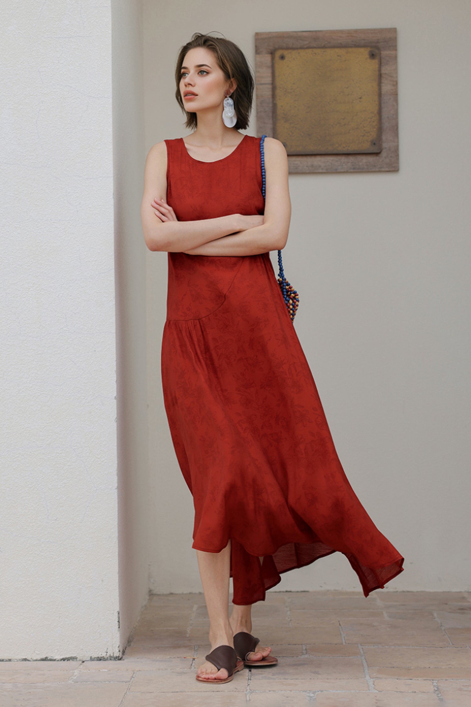 Red Asymmetrical Tiered Sleeveless Maxi Dress with Floral Print