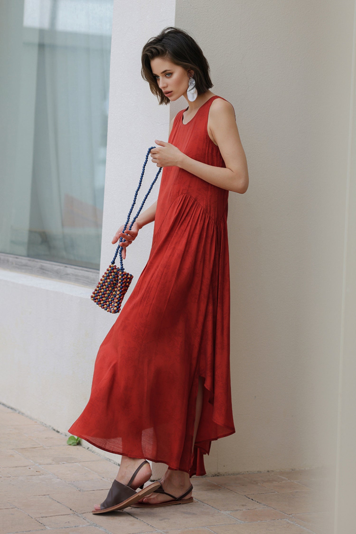 Red Asymmetrical Tiered Sleeveless Maxi Dress with Floral Print