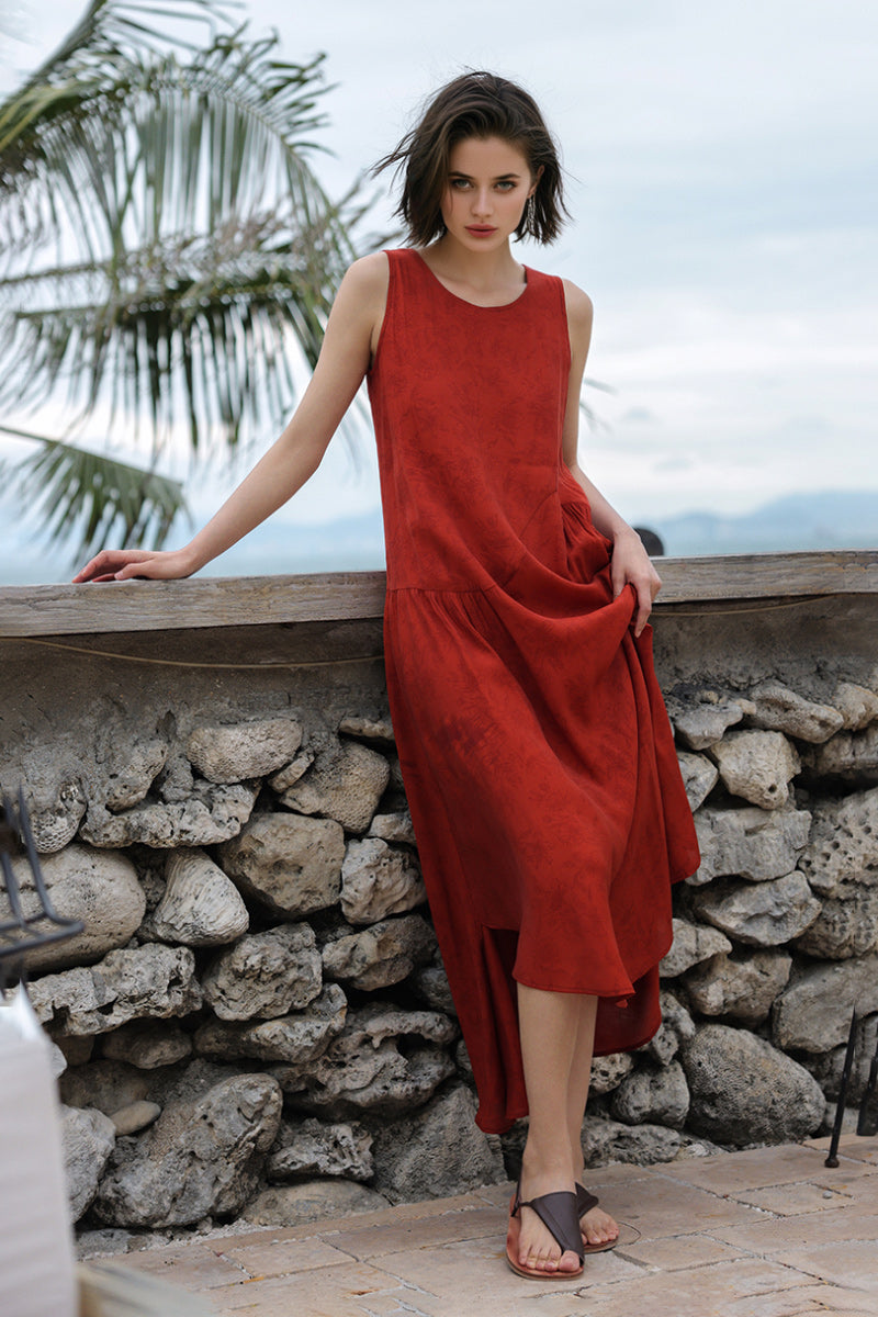 Red Asymmetrical Tiered Sleeveless Maxi Dress with Floral Print