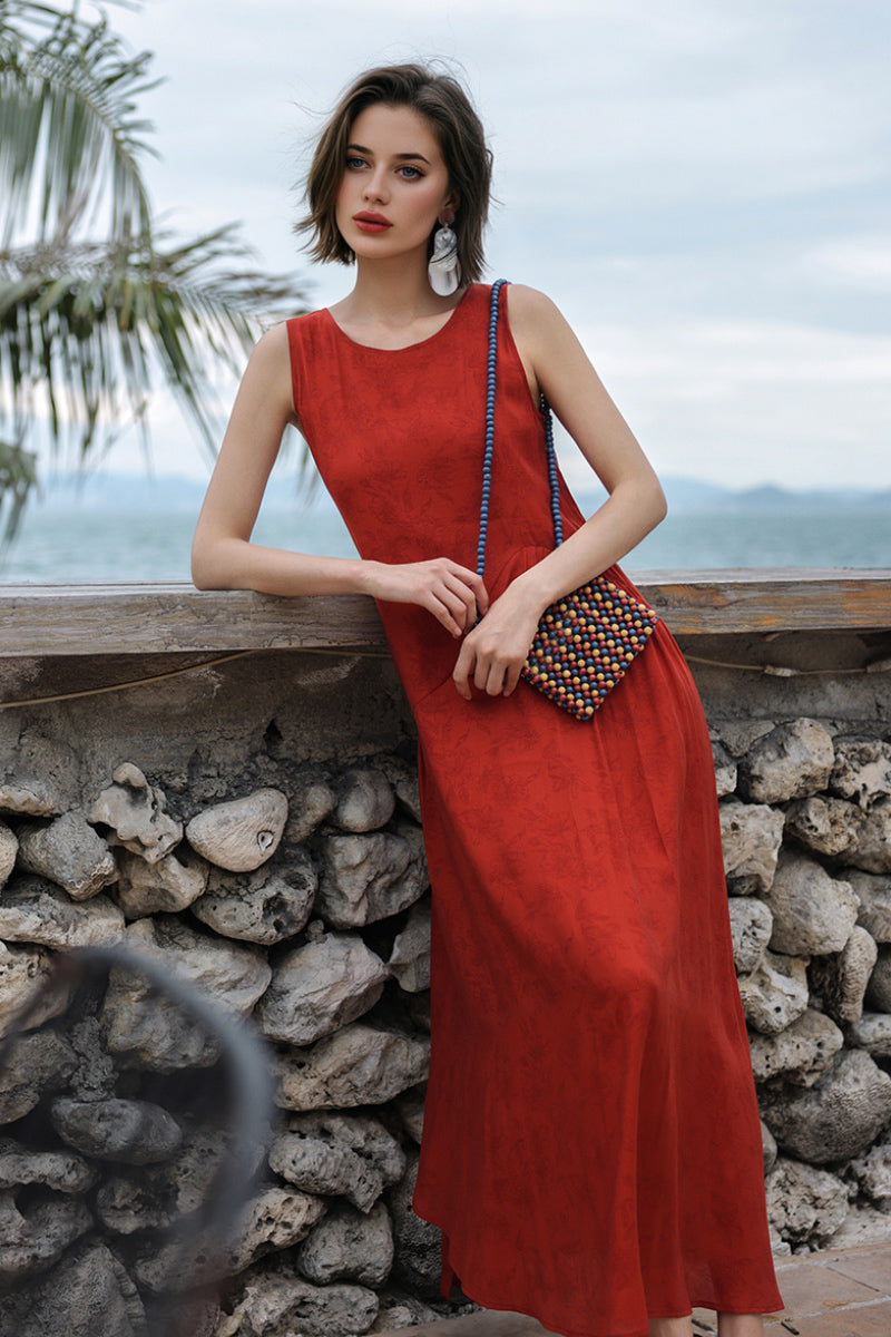Red Asymmetrical Tiered Sleeveless Maxi Dress with Floral Print