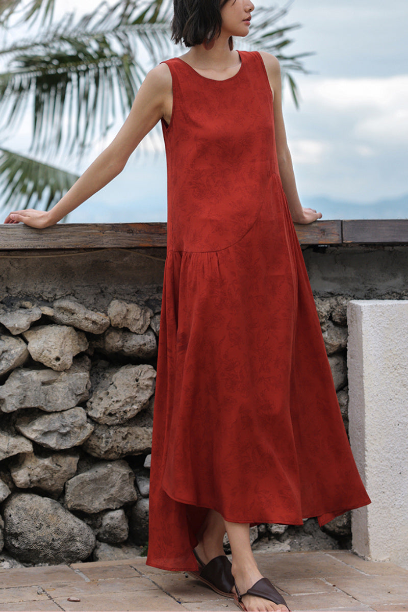 Red Asymmetrical Tiered Sleeveless Maxi Dress with Floral Print