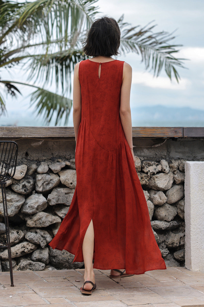 Red Asymmetrical Tiered Sleeveless Maxi Dress with Floral Print