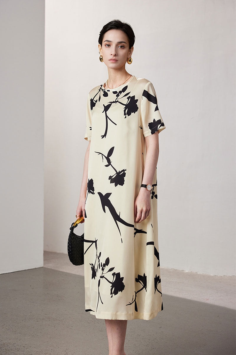 Stretch Silk Floral Short-Sleeve Crewneck Midi T-Shirt Dress