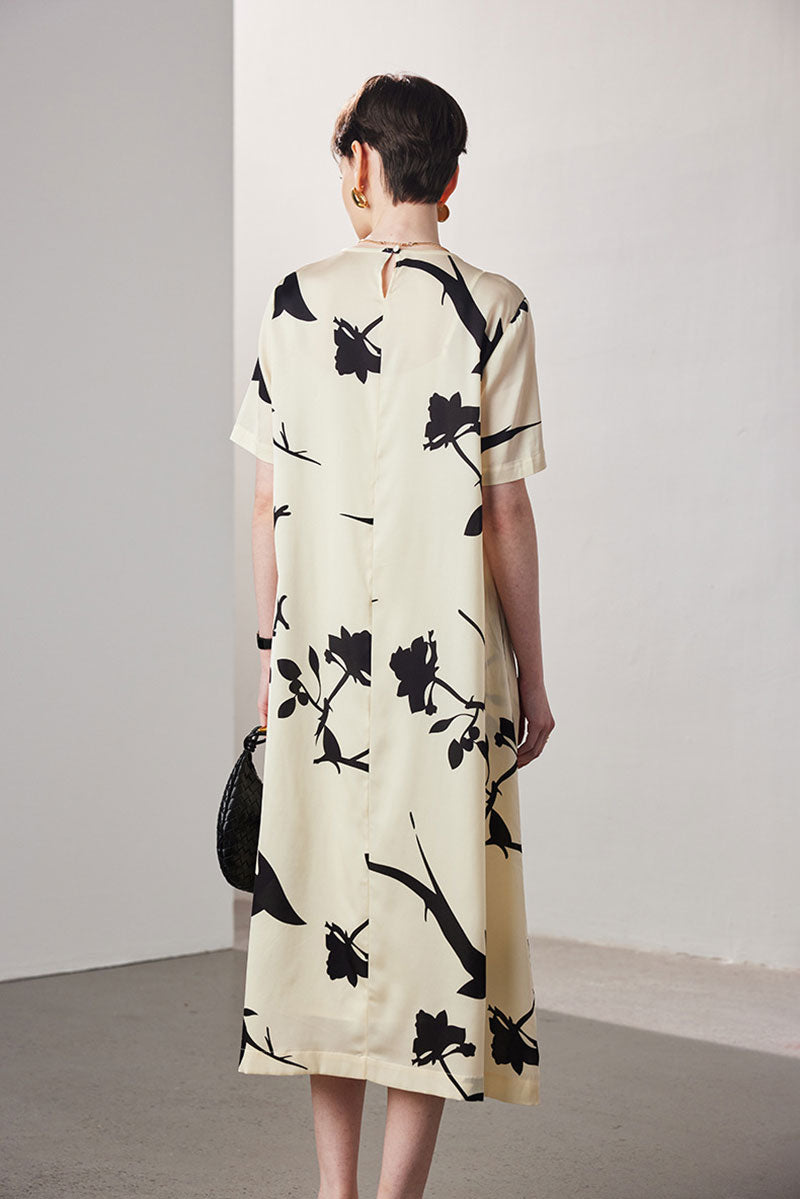 Stretch Silk Floral Short-Sleeve Crewneck Midi T-Shirt Dress