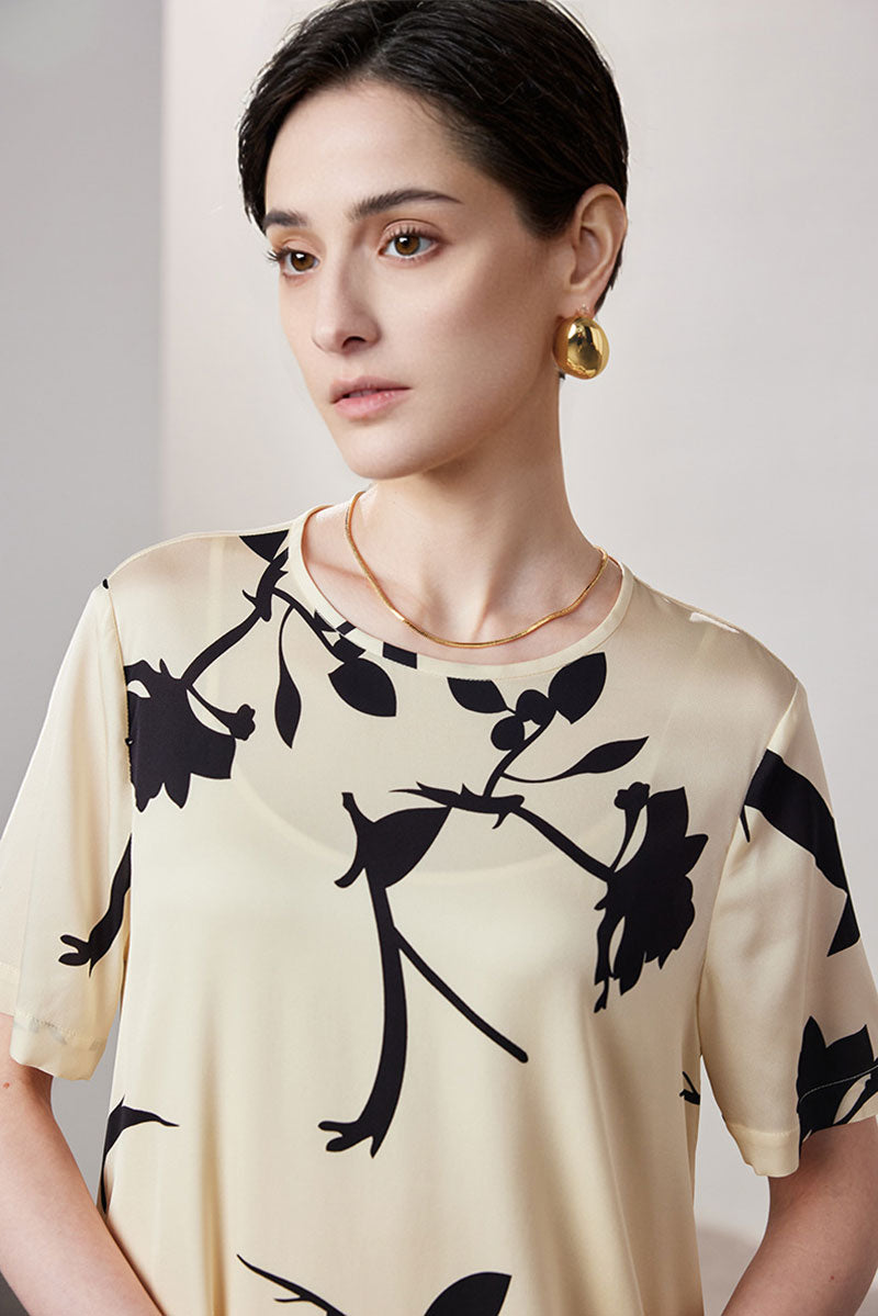 Stretch Silk Floral Short-Sleeve Crewneck Midi T-Shirt Dress