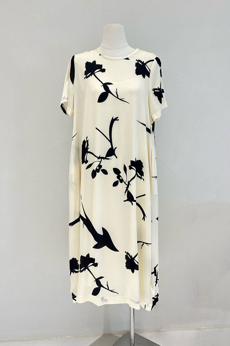 Stretch Silk Floral Short-Sleeve Crewneck Midi T-Shirt Dress