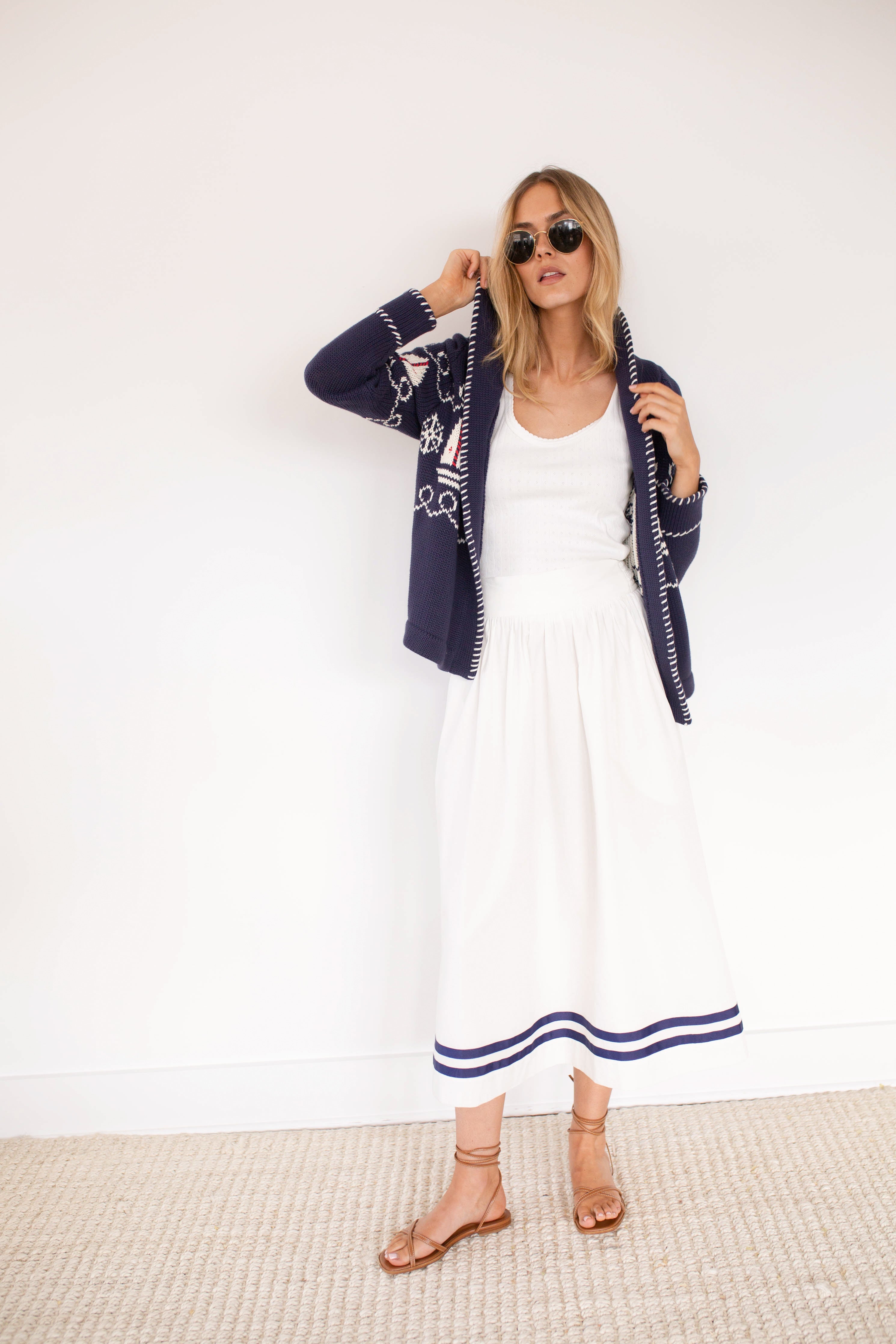 Charlotte Skirt - White with Navy Trim