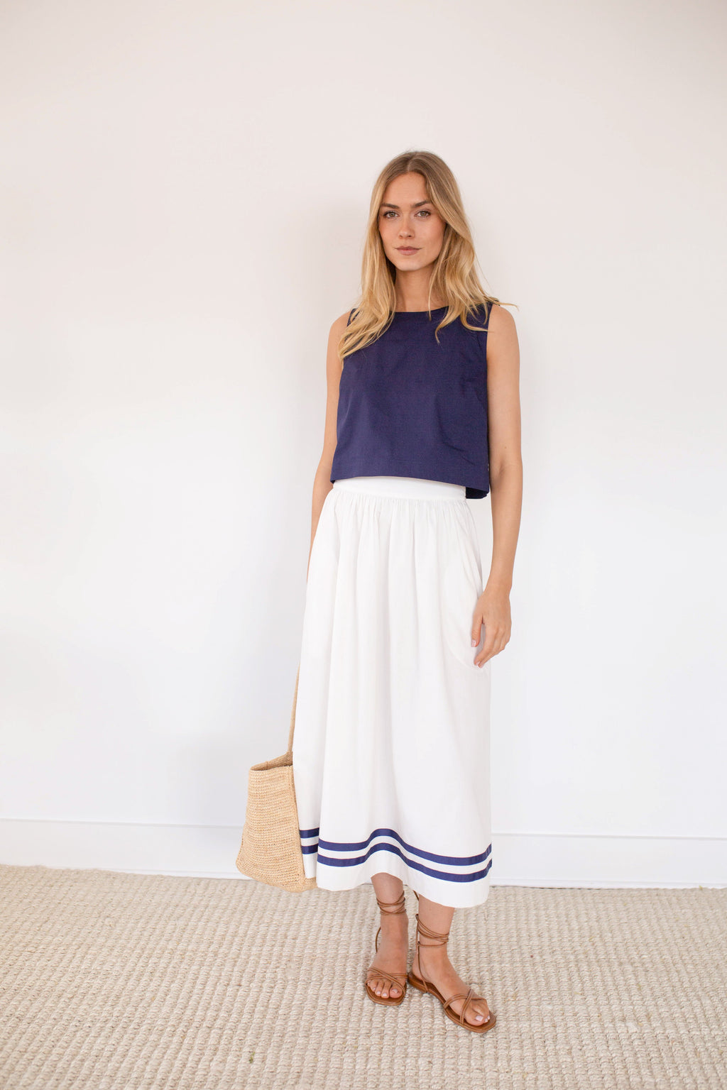 Charlotte Skirt - White with Navy Trim