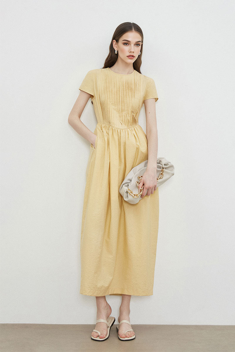 Yellow Long-Staple Cotton Midi Dress with Front Pleat