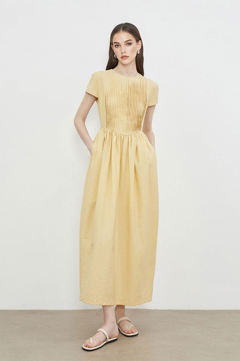 Yellow Long-Staple Cotton Midi Dress with Front Pleat
