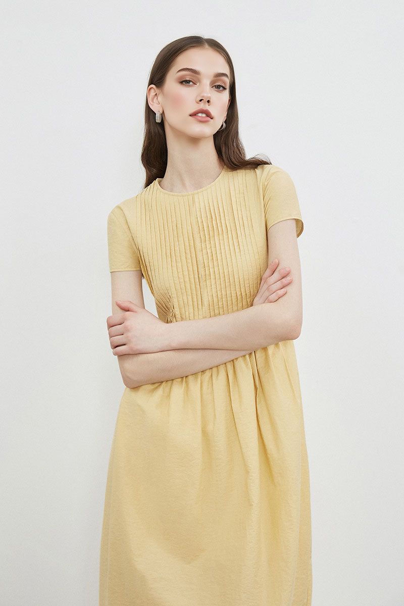 Yellow Long-Staple Cotton Midi Dress with Front Pleat
