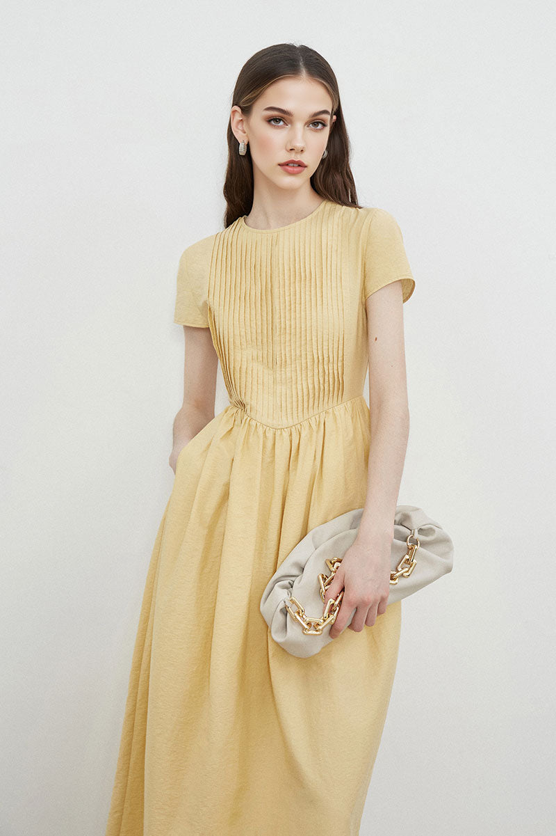 Yellow Long-Staple Cotton Midi Dress with Front Pleat