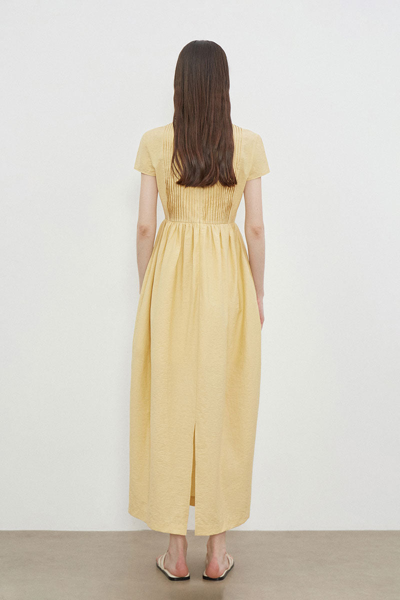 Yellow Long-Staple Cotton Midi Dress with Front Pleat